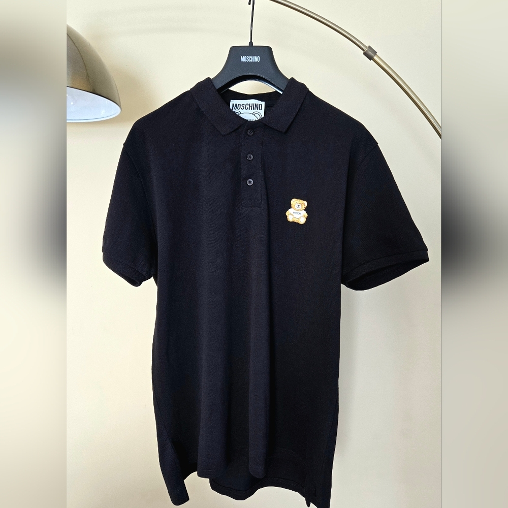 NWT  MOSCHINO TEDDY BEAR PATCH BLACK POLO SHIRT Size:L/50